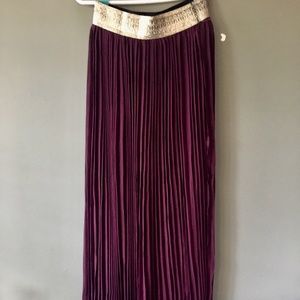 Burgundy Accordion Maxi Skirt with Gold Belt